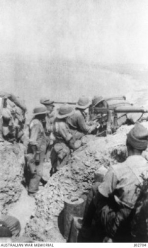 Arblaster (wearing the cap in the middle of the photo), Walkers Ridge, Gallipoli, 1915. AWM J02704.