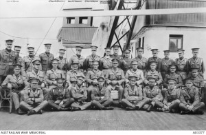 James Crombie, sitting front row, fourth from left, November 1915. AWM image A03377.