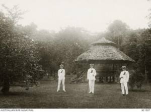 Cecil Gillan (centre) in Rabaul, New Guinea. AWM image H11507