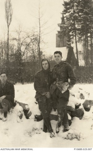 Keith Hall (at left), at Waulsort, Belgium in February 1919. AWM image P10689.025.007.