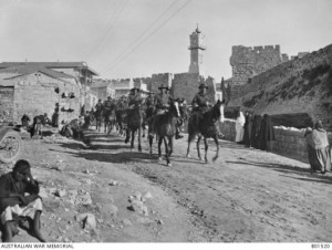 Lt. Ronald Hopkins (front, right), riding into Jerusalem 1918. AWM image B01520.