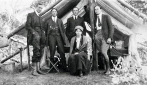Freddie Johnston (second from left) at his survey camp c1915. His assistant Kenneth Stretch is at right. Surveyor Harry Mouat is on the left, his wife Iris is seated. Behind her is Mouat's assistant, Reg Kelly.
