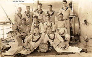 Bertie Phillips (front row at right) on board HMAS Encounter, 1917. Image courtesy of Bill Chase.