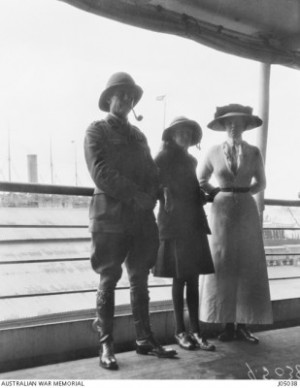 E G Sinclair Maclagan, Commanding Officer, 3rd Infantry Brigade, his daughter Isobel and his wife Edith, daughter of Major General (Sir) George French, aboard the transport vessel HMAT Orvieto, November 1914. AWM image J05038.